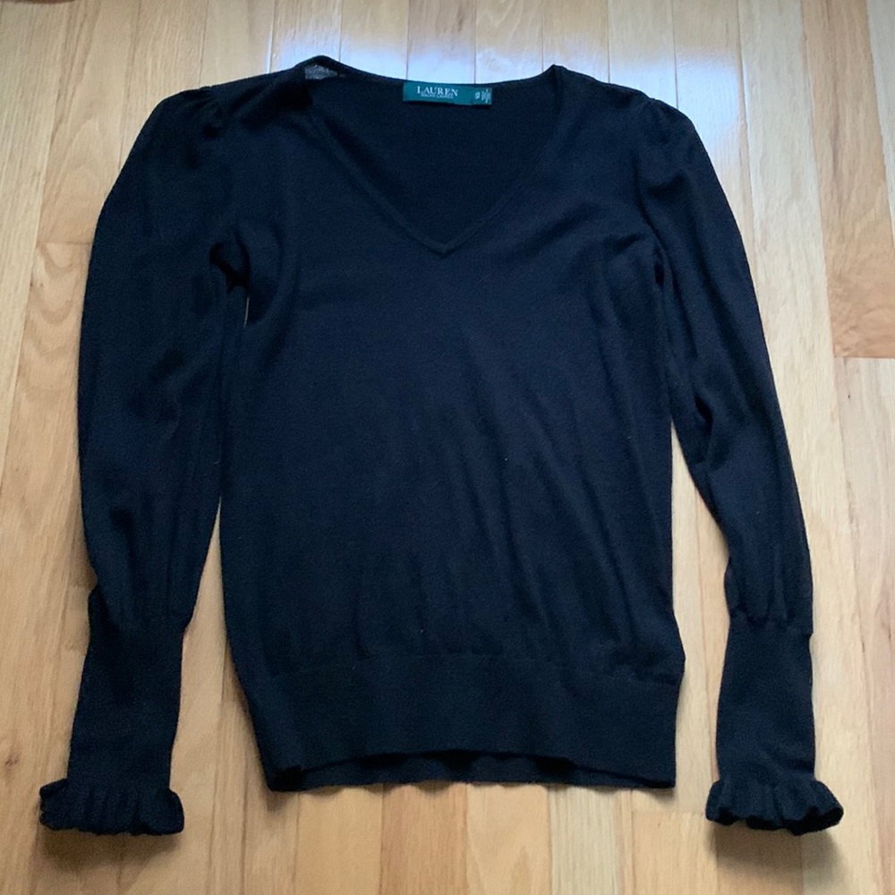 Lauren Ralph Lauren black V-neck sweater with ruffled cuffs